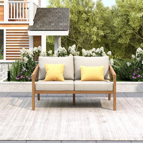 Christopher Knight Home Westin Acacia Wood Patio Loveseat Sofa with Cushion, Outdoor 2-Seater Sofa with Removable Cushions, Patio Furniture Sofa for 2, Teak+Beige Christopher Knight Home
