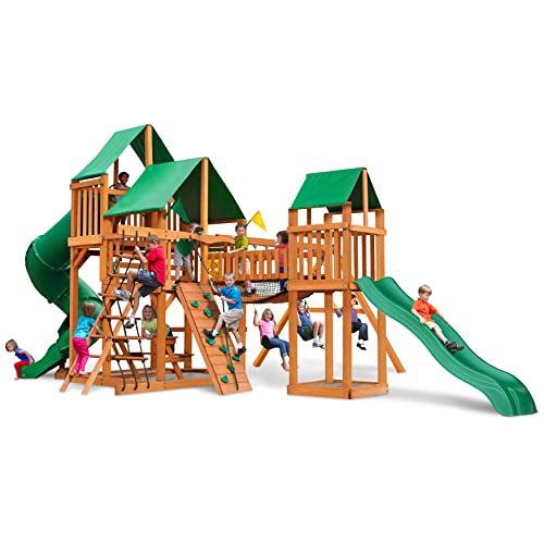 Gorilla Playsets 01-1021-AP-1 Treasure Trove I Wood Swing Set with Green Vinyl Canopy, 2 Slides, and Clatter Bridge - WoodArtSupply