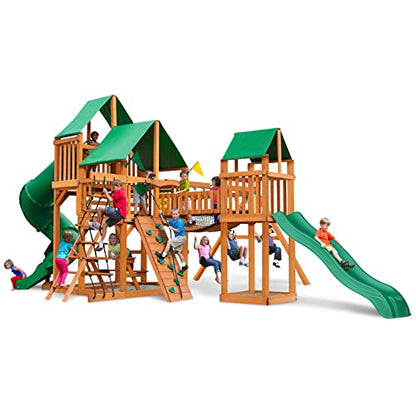 Gorilla Playsets 01-1021-AP-1 Treasure Trove I Wood Swing Set with Green Vinyl Canopy, 2 Slides, and Clatter Bridge - WoodArtSupply