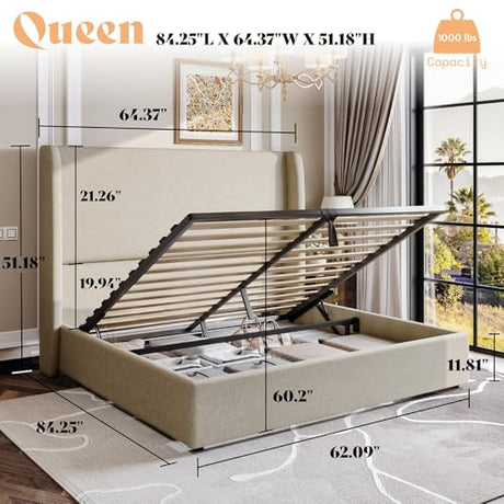 AMERLIFE Lift Up Storage Bed Queen Size Linen Upholstered Platform Bed Frame, Hydraulic Storage,Modern Wingback Headboard, No Box Spring Needed, Khaki AMERLIFE