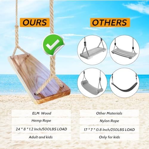 JMZOO Wooden Swing, Swing Seat 24"x 8"x 1.2",Adult Wooden Tree Swing 500lbs,Adjustable Hemp Rope & Extension Tree Straps 100 inch,Outdoor Wood Swing,Hanging Wooden Swing,Wood Swings for Adults Kids JMZOO