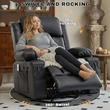GAOHAPY Rocker Recliner Chair with Heat and Massage,360°Swivel Nursery Recliner Chair for Adults,Faux Leather Recliner Single Sofa Seat with 2 Cup Holders and Side Pocket (Black) GAOHAPY