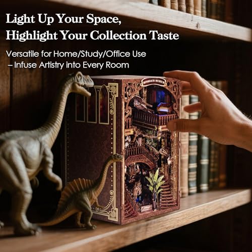 VkotaVkoty [2026 New] Dinosaur Museum Book Nook Kit with Dust Cover & LED Light, DIY Miniature House Kit Toy, 3D Wooden Puzzle Bookshelf Decor Building Kit, Birthday Gifts for Family & Friends