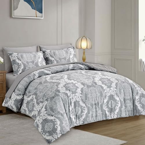 WONGS BEDDING Grey Comforter Set Queen Size, Damask Texture 7 Pieces Gray Bed in a Bag Microfiber Boho Comforter Bedding Sheet Set with Comforter, Flat Sheet, Fitted Sheet,Pillow Shams,Pillowcases WONGS BEDDING