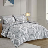 WONGS BEDDING Grey Comforter Set Queen Size, Damask Texture 7 Pieces Gray Bed in a Bag Microfiber Boho Comforter Bedding Sheet Set with Comforter, Flat Sheet, Fitted Sheet,Pillow Shams,Pillowcases WONGS BEDDING