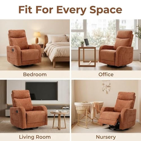 MAKOSAR 360° Swivel Glider Rocker Recliner Chair, Manual Reclining Sofa Chair with Side Pull Handle,Fabric Upholstered Lounge Chair for Living Room, Bedroom,Nursery,Office (Orange-Red-Swivel) MAKOSAR