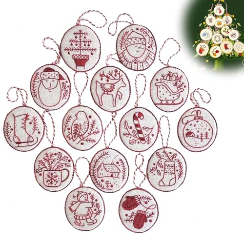14 PCS Hand Embroidery Christmas Ornaments Kit, Christmas Embroidery Kit with DIY Material Package, 3D Novice Embroidery Needlepoint Starter Kit with Easy Patterns & Instructions (Red)