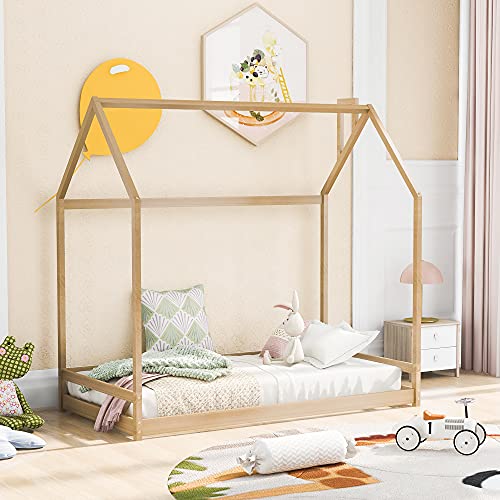 Merax Twin Size Wood House Bed, Wooden Bedframe with Roof for Kids, Teens, Boys or Girls, Natural - WoodArtSupply