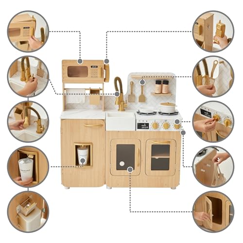 Teamson Kids Little Chef Cyprus Medium Wooden Play Kitchen with Interactive, Realistic Features, and 14 Kitchen Accessories for 3yrs and up, Light Oak/Faux White Marble/Gold Teamson Kids
