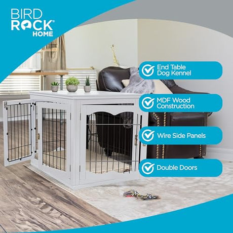 INTERNET'S BEST Decorative Dog Kennel with Pet Bed, Small Pet House, Double Door Indoor Crate, Engineered Wood & Wire Furniture, Side Table & Nightstand, Fits Small Dogs - White Internet's Best