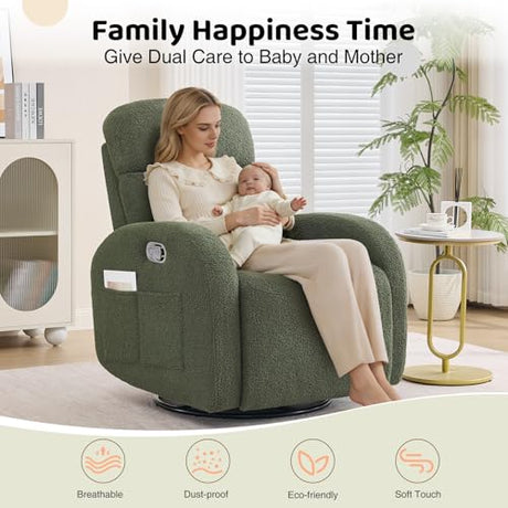 AEMEIOS Nursery Glider Recliner, Boucle Nursery Rocking Chair Recliner, Manual Nursery Glider Recliner with Double Pockets and Lumbar Support for Adult, Teddy Green AEMEIOS