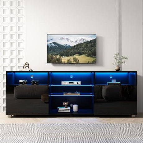 SUSSURRO LED TV Stand for 60/65 inch TV, Television Table Center Media Console with Drawer and Led Lights, High Glossy Modern Entertainment Center for Living Game Room Bedroom, Black SUSSURRO
