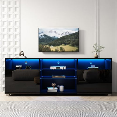 SUSSURRO LED TV Stand for 60/65 inch TV, Television Table Center Media Console with Drawer and Led Lights, High Glossy Modern Entertainment Center for Living Game Room Bedroom, Black