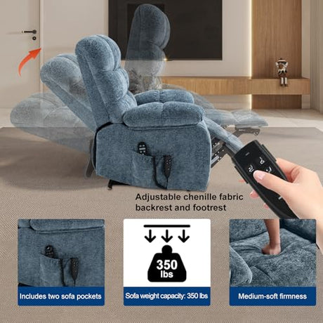 RHHVVR Oversized Power Lift Recliner Chair for Elderly, Dual Motor Lay Flat Recliner Big Chair with Massage and Heating, Chenille Electric Recliner Chairs for Living Room, Medium-Firm, Blue RHHVVR