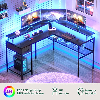 Huuger L Shaped Gaming Desk with LED Lights, Power Outlets & Storage Shelves in Black - WoodArtSupply