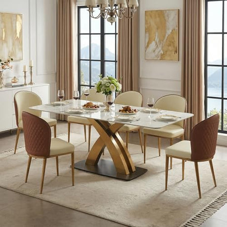 VYNARI 79 Inch Dining Table Set for 8 People, 7 Piece Rectangular Dining Table with Sintered Stone Tabletop and Leather Dining Chairs, Modern Kitchen Table for Living Room Home VYNARI
