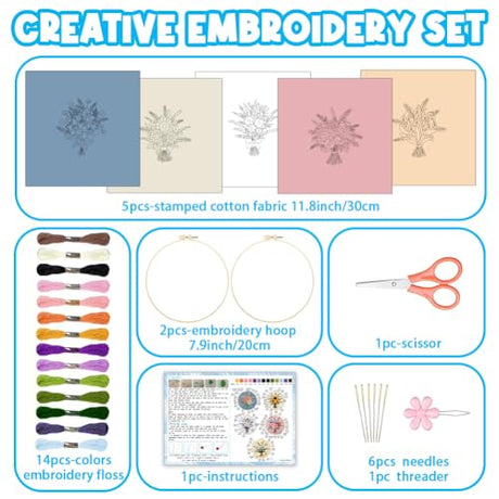 ACRNIGHEET 5PCS Embroidery Kit for Beginners Embroidery Flower Sewing Pre Printed Pattern Embroidery Starter Kit with Instructions, Including 5 Stamped Embroidery Cloth and Various Accessories ACRNIGHEET