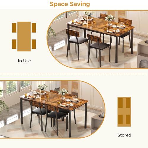 IRONCK 5-Piece 63" Extendable Dining Table with 4 Upholstered Chairs, Kitchen Table Set for 4-8 People, Dining Room Sets with MDF Wood Board, Drop Leaf Table Design for Space Saving, Rustic Brown IRONCK
