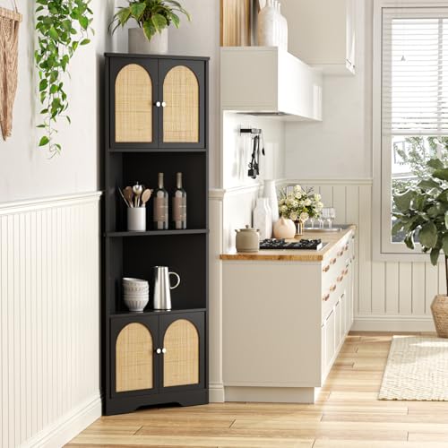 FiveWillowise 67''H Tall Corner Cabinet with Handmade Rattan Door, Rattan Storage Cabinet with Adjustable Shelves, Corner Bookshelf Space Saver for Barthroom, Kitchen, Living Room, Black FiveWillowise