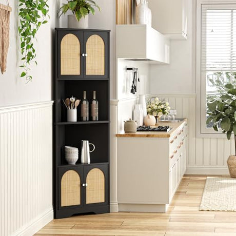 FiveWillowise 67''H Tall Corner Cabinet with Handmade Rattan Door, Rattan Storage Cabinet with Adjustable Shelves, Corner Bookshelf Space Saver for Barthroom, Kitchen, Living Room, Black FiveWillowise