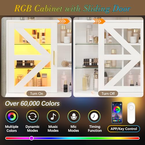 L-Shaped Corner Vanity Desk with LED Lighted Mirror & Charging Station, White Makeup Vanity with 6 Drawers & Sliding RGB Cabinet, Large Farmhouse Dressing Table with Open Storage Shelves for Women CSZZD