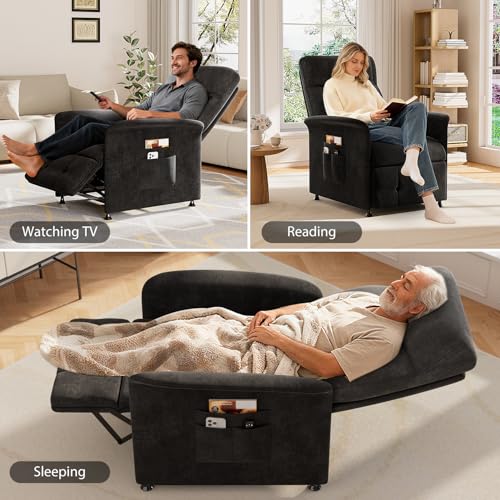 LegacyAmerhome Power Recliner Chair for Adults with Heat & Massage - Soft Fabric Electric Reclining Sofa with Remote Control, 3 Side Pockets, 180° Lay Sleeper for Living Room Home Theater, Black LegacyAmerhome