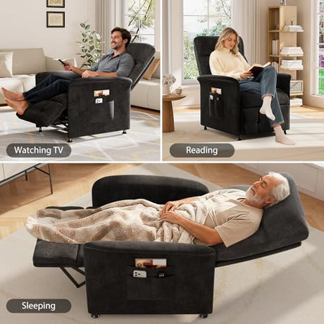 LegacyAmerhome Power Recliner Chair for Adults with Heat & Massage - Soft Fabric Electric Reclining Sofa with Remote Control, 3 Side Pockets, 180° Lay Sleeper for Living Room Home Theater, Black LegacyAmerhome