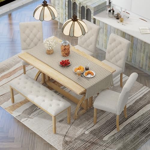 Merax 6-Piece Retro Rectangular Dining Table Set, Table with Unique Legs and 4 Upholstered Chairs & 1 Bench for Dining Room and Kitchen, Natural Wood Wash Merax