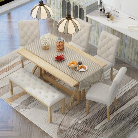 Merax 6-Piece Retro Rectangular Dining Table Set, Table with Unique Legs and 4 Upholstered Chairs & 1 Bench for Dining Room and Kitchen, Natural Wood Wash Merax
