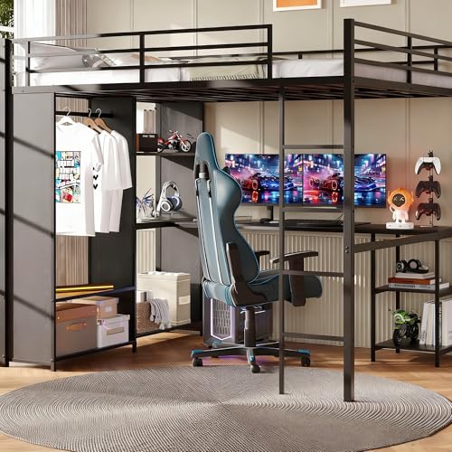 Frigenarro Queen Size Metal Loft Bed with Built-in Desk, Wardrobe,Storage Shelves, Guardrail, and Sturdy Ladder for Space-Saving Bedroom Solution Frigenarro