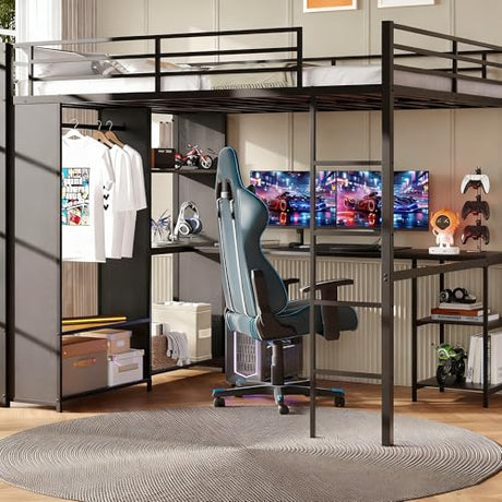 Frigenarro Queen Size Metal Loft Bed with Built-in Desk, Wardrobe,Storage Shelves, Guardrail, and Sturdy Ladder for Space-Saving Bedroom Solution Frigenarro