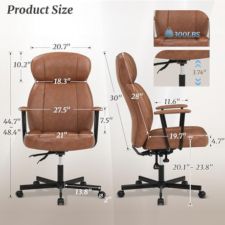 Cozyman High Back Office Desk Chair, Breathable Ergonomic Leather Chair with 5-Layer Seat Cushion with 135°Reclining Lumbar Support Adjustable Height Rolling Swivel Executive Armrests Chair, Brown Cozyman