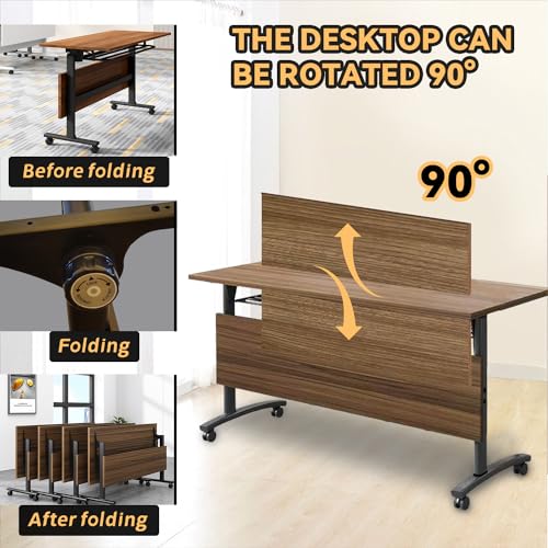 Folding Conference Table,55.1 inch Mobile Meeting Seminar Table with Wheels,Sturdy Rectangular Business Training Tables with Strong Metal Frame,Modular Conference Room Tables for Office Boardroom VORDERRY