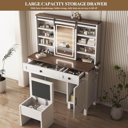 Farmhouse Vanity Desk with Mirror and Lights, 42" W Makeup Vanity Desk with Sliding Mirror, Barn Door Vanity with Hairdryer Holder and Charging Station, Large Makeup Vanity with Storage Bench, White HIROHRTV