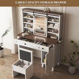 Farmhouse Vanity Desk with Mirror and Lights, 42" W Makeup Vanity Desk with Sliding Mirror, Barn Door Vanity with Hairdryer Holder and Charging Station, Large Makeup Vanity with Storage Bench, White HIROHRTV