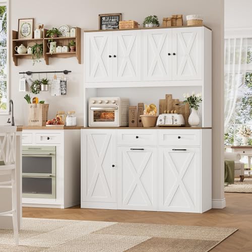 HOSTACK 71"H Kitchen Trash Can Cabinet, 12.5 Gallon Double Pull Out Garbage Can Hutch Cabinet with Trash Bin Storage Holders, 47" Wide Kitchen Pantry with Hidden Garbage Storage for Dining Room, White HOSTACK