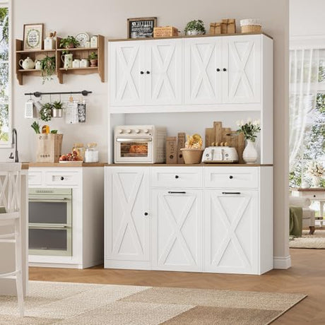HOSTACK 71"H Kitchen Trash Can Cabinet, 12.5 Gallon Double Pull Out Garbage Can Hutch Cabinet with Trash Bin Storage Holders, 47" Wide Kitchen Pantry with Hidden Garbage Storage for Dining Room, White HOSTACK