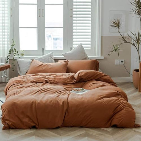 AMWAN Jersey Knit Cotton Duvet Cover Set Solid Pumpkin Color, Luxury Soft Comforter Cover Queen Size 3 Piece Bedding Set 1 Duvet Cover 2 Pillowcases Set AMWAN