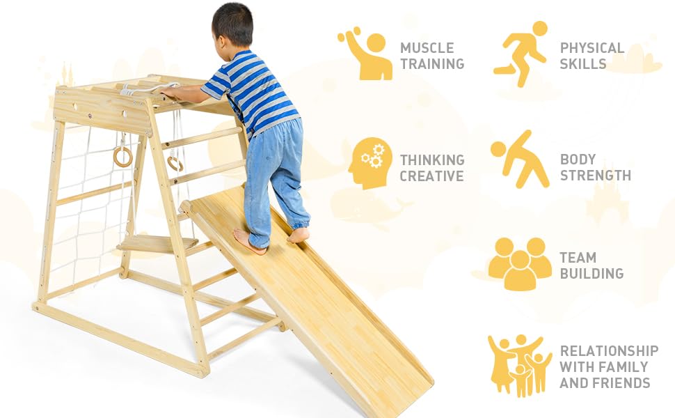 Climber,Indoor Playground Wood Toddler Playset Montessori 7-in-1 with Jungle Gym, Ramp, Slide, Swing, Swedish Ladder, Monkey Bars, Rope Ladder, Rock Wall Dome for Kids Ages 1-6 New - WoodArtSupply