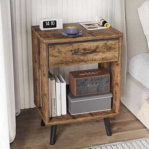 GYIIYUO Nightstand Set of 2 with Fabric Drawers and Open Shelves - Rustic Bedroom Side Tables - WoodArtSupply