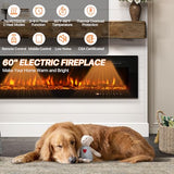 OneBlis 60” Smart Electric Fireplace Heater, Wide Recessed/Wall Mounted Electric Fireplace, Remote Control with Timer, 12 Adjustable Color Flame, Log Set & with Crystal Stone, 750/1500W OneBlis