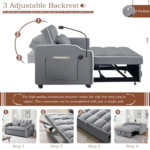 Pull Out Sofa Bed with Phone Holder, Convertible Velvet Loveseat Sleeper with 2 USB Charging Ports, Modern Futon Couch with Cup Holders and Adjustable Backrest, Love Seat for Living Room, Light Grey