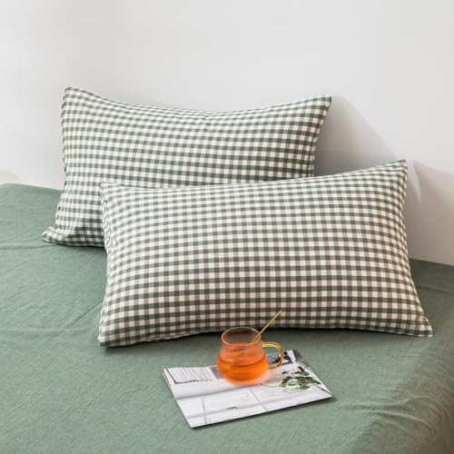 mixinni Green Gingham Comforter Set Queen, Plaid Comforter Set 3 Pieces 1 Green Grid Comfoter with 2 Pillow Cases for All Seasons, Soft Fluffy Modern Grid Pattern Printed Bedding-Queen Size mixinni