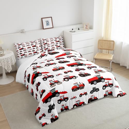 Erosebridal Red Tractor Comforter Set Twin Size Heavy Equipment Truck Down Comforter Kids Boys Girls Teens Harvester Tractor Bedding Set Construction Excavator Farm Equipment Quilt Set Erosebridal