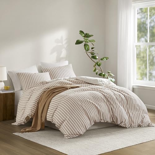Madison Park Duvet Cover Set for Hot Sleepers - Linen Cotton Rayon Blend, King Size 3 Piece Set with Shams - Lightweight & Breathable Bedding, Terracotta Striped Design Madison Park