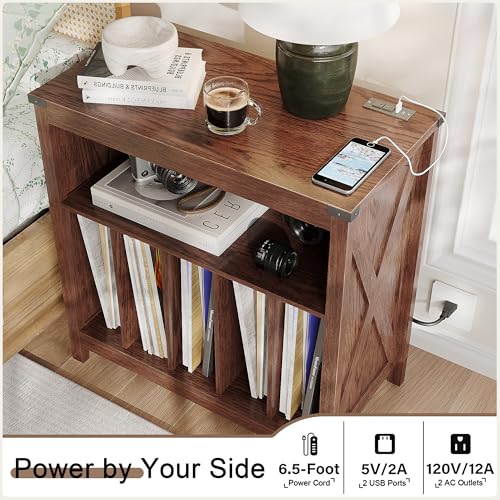 ChooChoo Large Record Player Stand with Charging Station & LED Light, Vinyl Record Holder hold up to 300 Albums, Farmhouse End Table for Bedroom, Living Room, Walnut ChooChoo