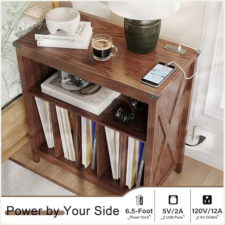 ChooChoo Large Record Player Stand with Charging Station & LED Light, Vinyl Record Holder hold up to 300 Albums, Farmhouse End Table for Bedroom, Living Room, Walnut ChooChoo