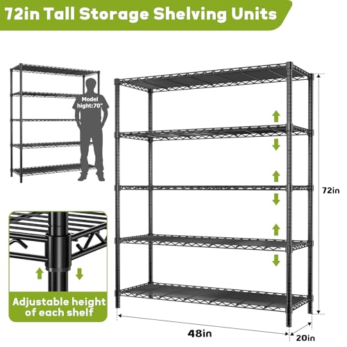 MODCART Storage Shelves, 48" L x 20" W x 72" H Heavy Duty Garage Wire Shelving Unit Loads 2000LBS, 5-Tier Adjustable Metal Industrial Utility Shelf Rack for Kitchen, Laundry Room, Basement