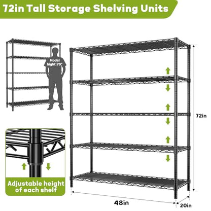 MODCART Storage Shelves, 48" L x 20" W x 72" H Heavy Duty Garage Wire Shelving Unit Loads 2000LBS, 5-Tier Adjustable Metal Industrial Utility Shelf Rack for Kitchen, Laundry Room, Basement