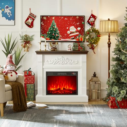 Electric Fireplace with Mantel, Farmhouse Electric Fireplaces TV Stand, Fireplace Entertainment Center with Heater and Realistic Stacked Stone Surround for Living Room, Bedroom HDDDZSW